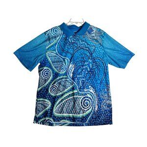 GUMARAA Aboriginal Experience Blue Hawaiian Floral Bohemian Polo Shirt Mens 2XL
